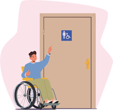 Un adolescent en fauteuil roulant pointe du doigt la porte du placard avec un symbole à usage mixte  Illustration