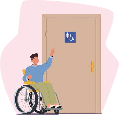 Un adolescent en fauteuil roulant pointe du doigt la porte du placard avec un symbole à usage mixte  Illustration