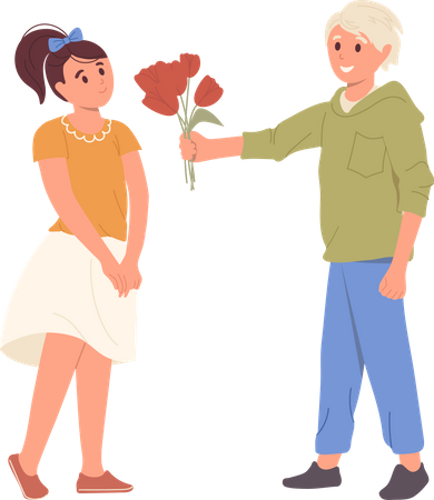 Garçon adolescent donnant un bouquet à une petite amie aimante  Illustration