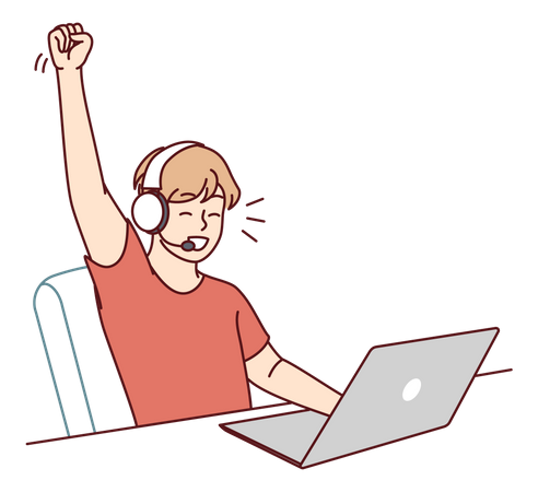 Adolescent joueur assis à table avec un ordinateur portable jouant à un jeu vidéo et battant des adversaires virtuels Illustration