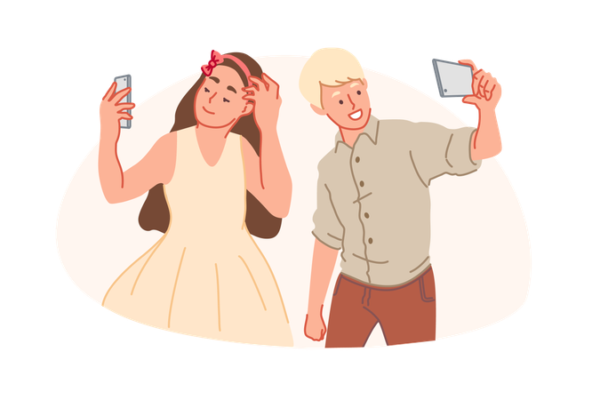 Adolescent kids taking selfie pictures  イラスト
