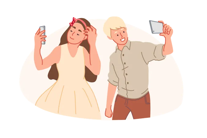 Smartphone Addiction Selfie Obsession Trendy Lifestyle Concept Adolescent Girl And Boy With Smartphones Taking Pictures Happy Teenagers With Gadgets Young Children Problem Simple Flat Vector Illustration
