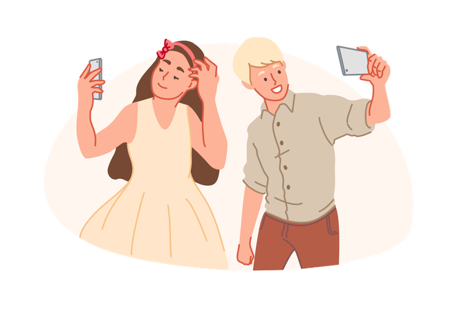 Adolescent kids taking selfie pictures  Illustration