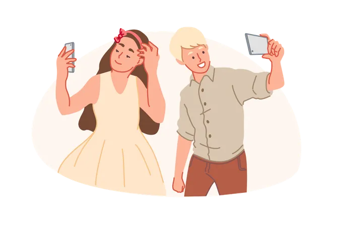 Adolescent kids taking selfie pictures  Illustration