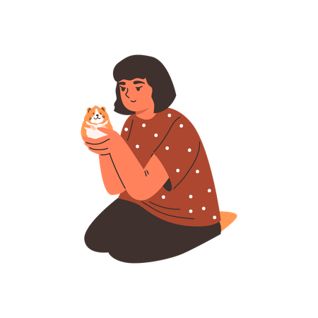 Une adolescente assise tenant un petit hamster rouge dans ses mains  Illustration