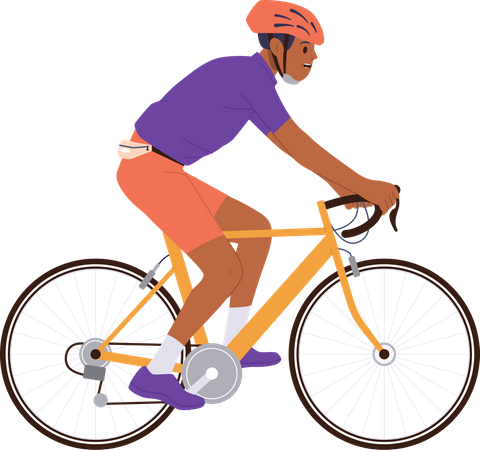 Ciclista adolescente usando capacete de segurança protetor desfrutando de corrida de ciclo de velocidade  Ilustração