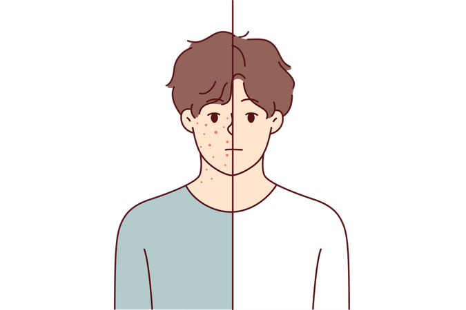 Adolescente com acne no rosto e pescoço antes e depois de usar creme que ajuda a eliminar erupções cutâneas  Ilustração