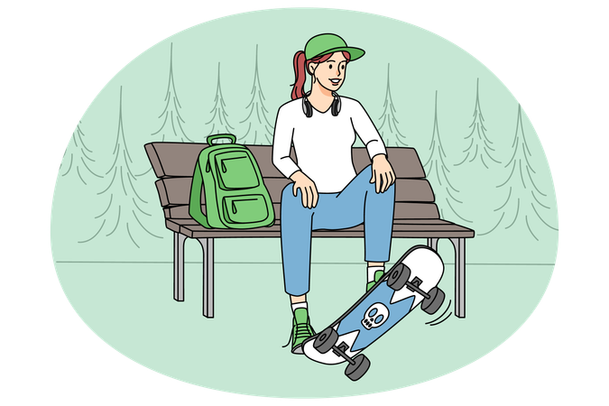 Adolescente com skate sentada no banco  Ilustração