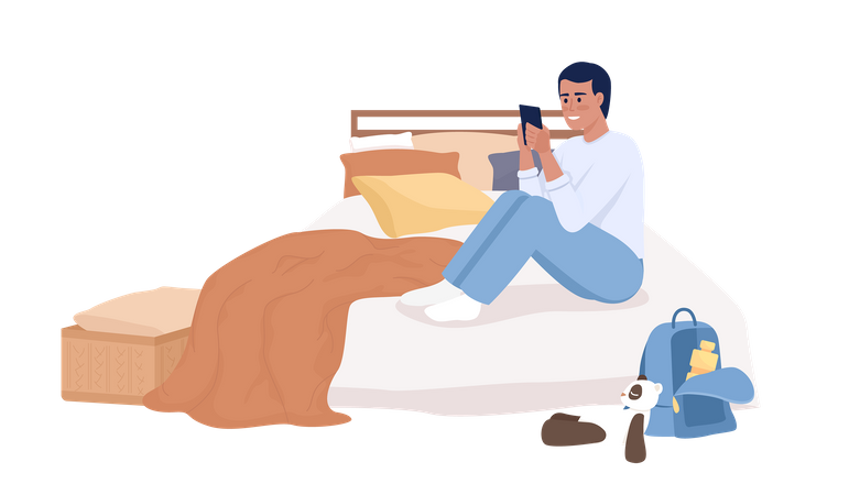 Adolescente com smartphone sentado na cama  Ilustração