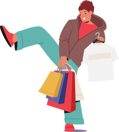 Adolescente viciado em compras segurando sacola de compras e aproveitando as compras de roupas casuais  Ilustração