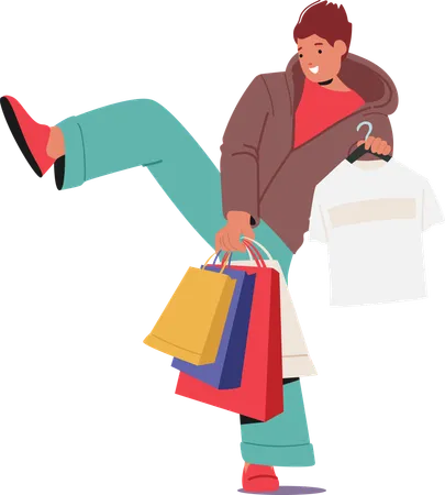 Adolescente viciado em compras segurando sacola de compras e aproveitando as compras de roupas casuais  Ilustração