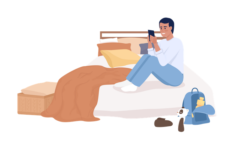 Adolescente con smartphone sentado en la cama  Ilustración
