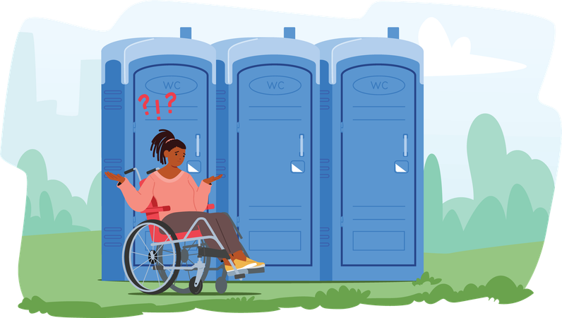 Une adolescente confuse en fauteuil roulant a des difficultés à utiliser les toilettes publiques extérieures  Illustration