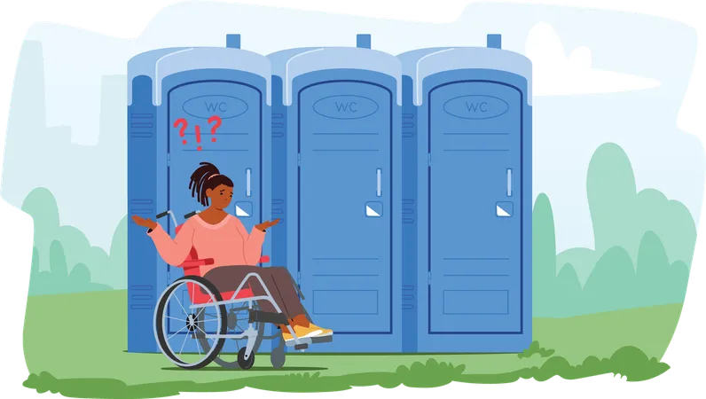 Une adolescente confuse en fauteuil roulant a des difficultés à utiliser les toilettes publiques extérieures  Illustration