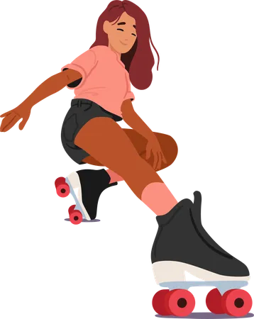 Menina adolescente desliza em patins  Ilustração