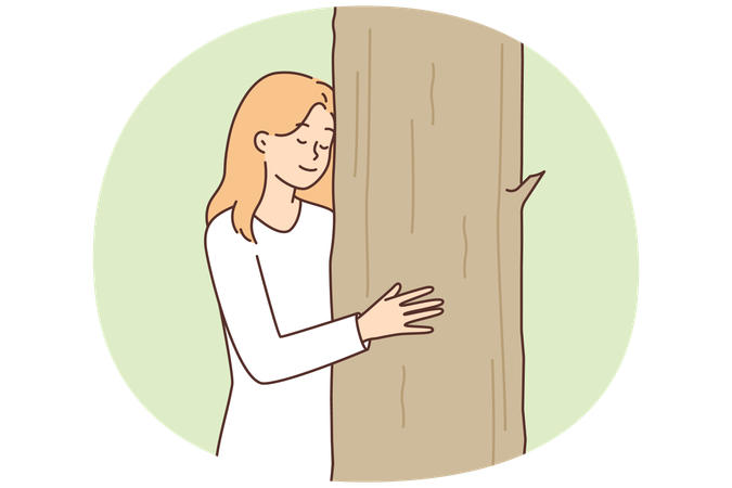 Une adolescente serre avec soin un arbre dans ses bras et se blottit contre une plante pour illustrer le concept de protection de la nature  Illustration