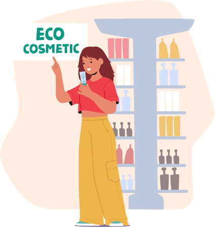 Adolescente escolhendo produtos de beleza eco cosméticos na loja  Ilustração