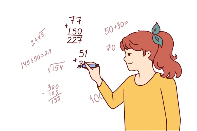 La muchacha adolescente escribe fórmulas matemáticas complejas en la pizarra  Ilustración