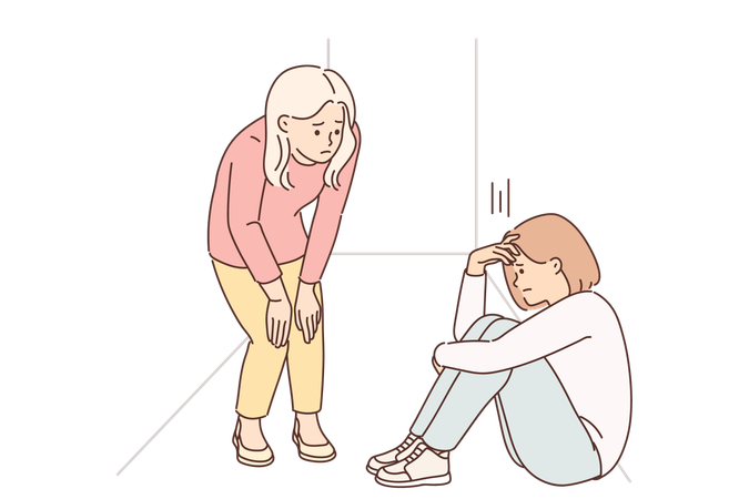 Menina adolescente chora sentada no chão do corredor perto da irmã, que quer consolar colega frustrada  Ilustração