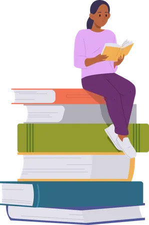 Adolescente étudiante lisant assis sur une grosse pile de livres  Illustration