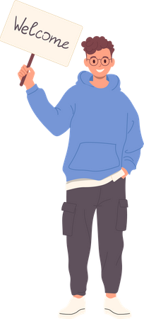 Garoto adolescente com roupa da moda esperando alguém em pé com cartaz de banner de boas-vindas na mão  Ilustração