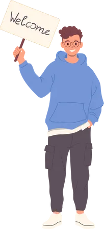Garoto adolescente com roupa da moda esperando alguém em pé com cartaz de banner de boas-vindas na mão  Ilustração