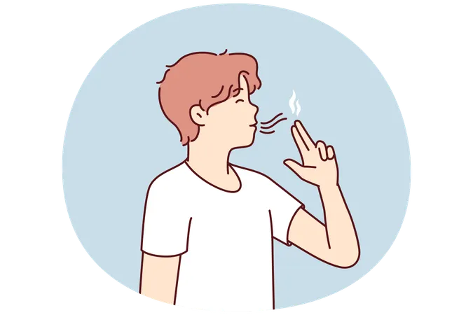 Un adolescente casual se lleva los dedos a los labios como si fuera una pistola y enciende un cigarrillo invisible.  Ilustración