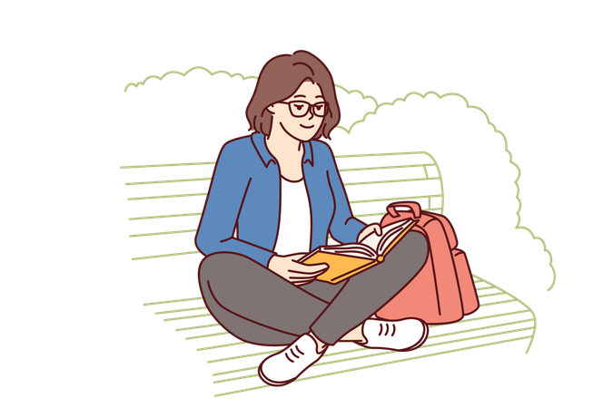 Une adolescente lit un livre assise sur un banc de parc, profitant du beau temps estival et d'une intrigue intrigante  Illustration
