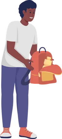 Adolescente masculino sosteniendo la mochila abierta  Ilustración