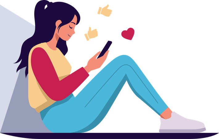 Adolescente navegando nas redes sociais no celular  Illustration