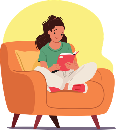 Chica adolescente sonriente leyendo un libro mientras está sentada en un cómodo sillón en casa  Ilustración