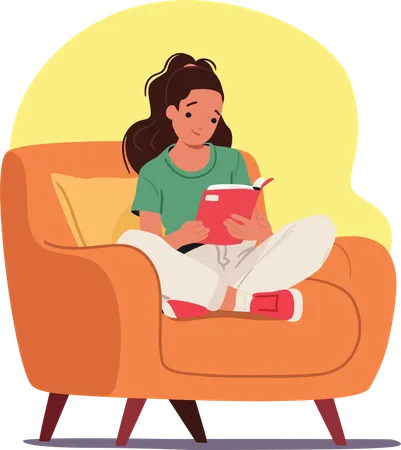 Chica adolescente sonriente leyendo un libro mientras está sentada en un cómodo sillón en casa  Ilustración