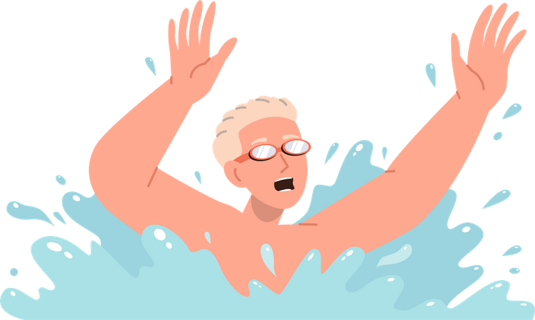 Adolescente usando óculos de proteção de natação se afogando no mar  Ilustração