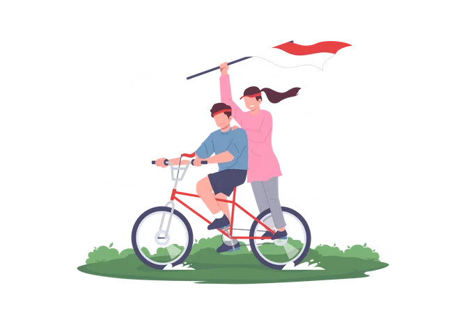 Adolescentes celebrando el Día de la Independencia de Indonesia en bicicleta  Ilustración