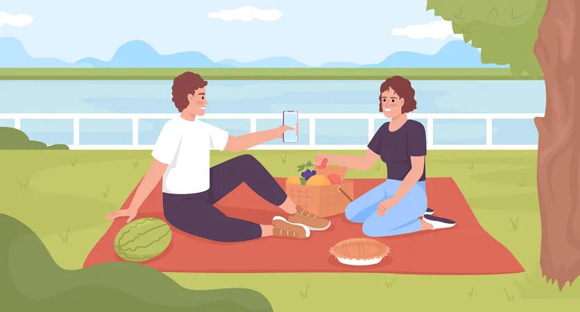 Adolescentes disfrutando de un picnic en una manta  Ilustración