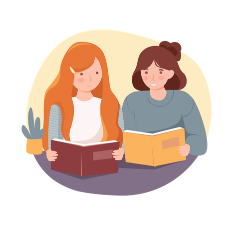 Colegialas adolescentes felices leyendo libros juntos  Ilustración