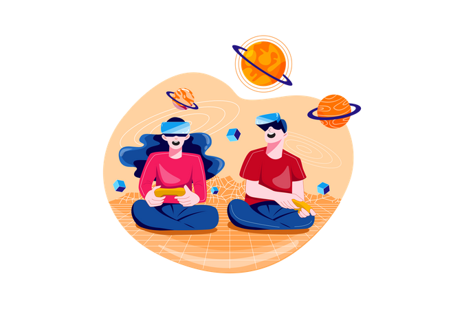 Adolescentes jugando juegos de realidad virtual  Ilustración