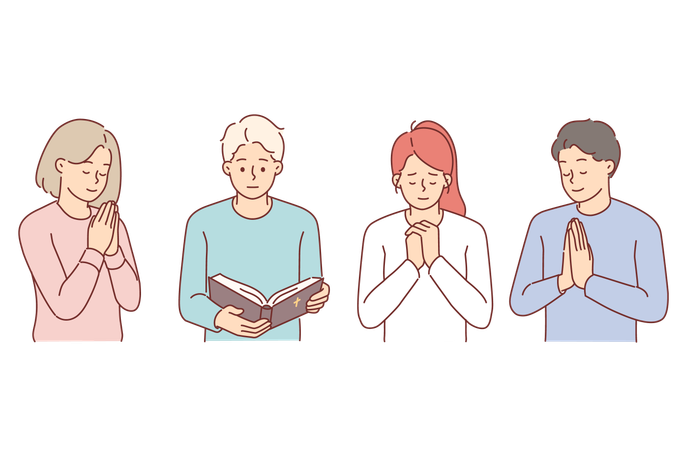 Adolescentes orantes de la escuela cristiana dominical hacen gestos de oración o leen la Biblia  Ilustración