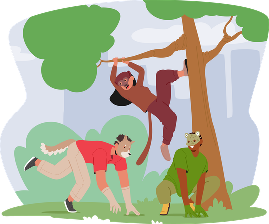 Des adolescents se comportent comme des animaux sauvages en sautant parmi les arbres dans un parc  Illustration