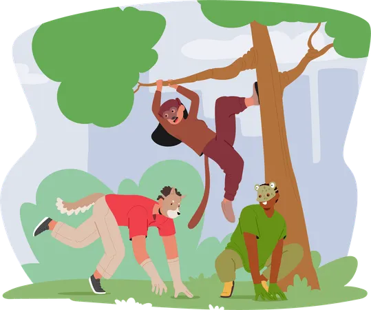 Des adolescents se comportent comme des animaux sauvages en sautant parmi les arbres dans un parc  Illustration