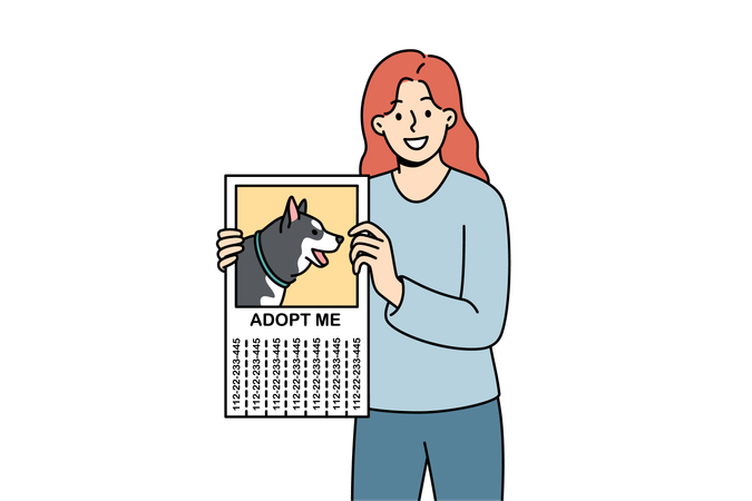 Adopt me advertisement with dog photo in hands woman volunteer working at shelter  Illustration