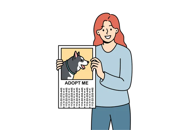 Adopt me advertisement with dog photo in hands woman volunteer working at shelter  Illustration