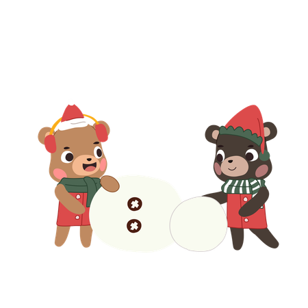 Adorable bears creating snow dolls and enjoying winter fun  Illustration