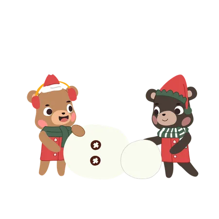 Adorable bears creating snow dolls and enjoying winter fun  Illustration