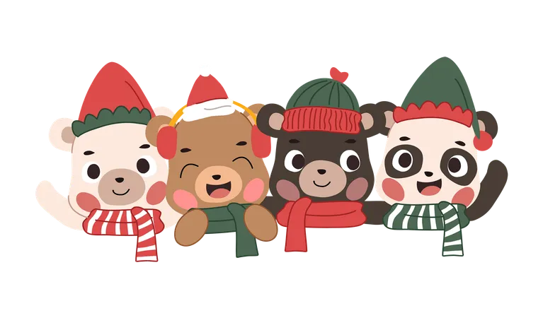 クリスマスの衣装を着た愛らしいクマ  イラスト