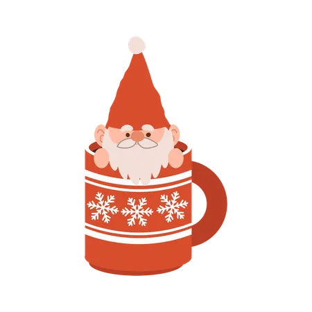 Adorable cartoon Christmas gnome inside a festive mug, perfect for holiday season decor and Christmas artwork  Illustration