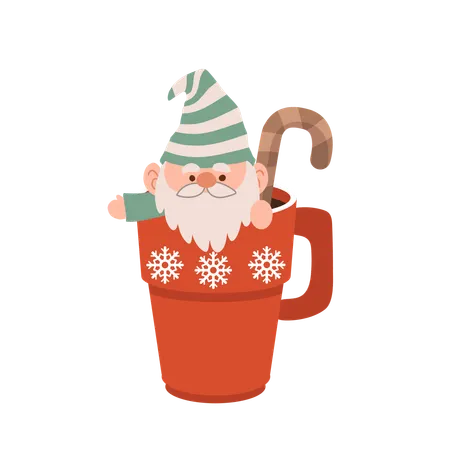 Adorable cartoon Christmas gnome inside a festive mug, perfect for holiday season decor and Christmas artwork  Illustration