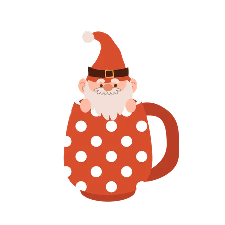 Adorable cartoon Christmas gnome inside a festive mug, perfect for holiday season decor and Christmas artwork  Illustration