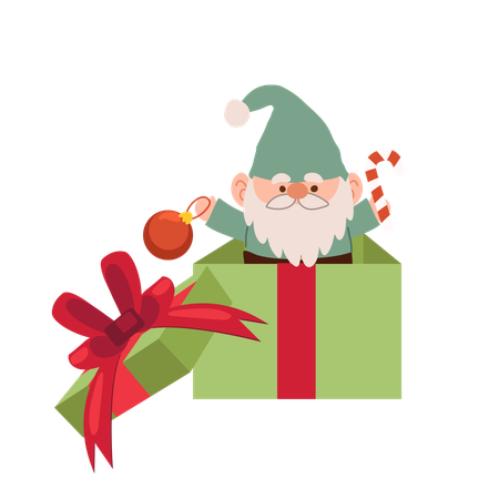 Adorable cartoon of a Christmas gnome popping out of a gift box, perfect for holiday decor, greeting cards, and festive projects  Illustration