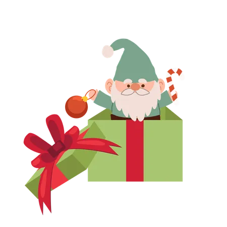 Adorable cartoon of a Christmas gnome popping out of a gift box, perfect for holiday decor, greeting cards, and festive projects  Illustration